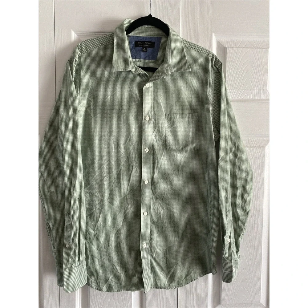 Banana Republic Mens Large Green Long Sleeve Gingham Soft‎ Wash Slim Fit